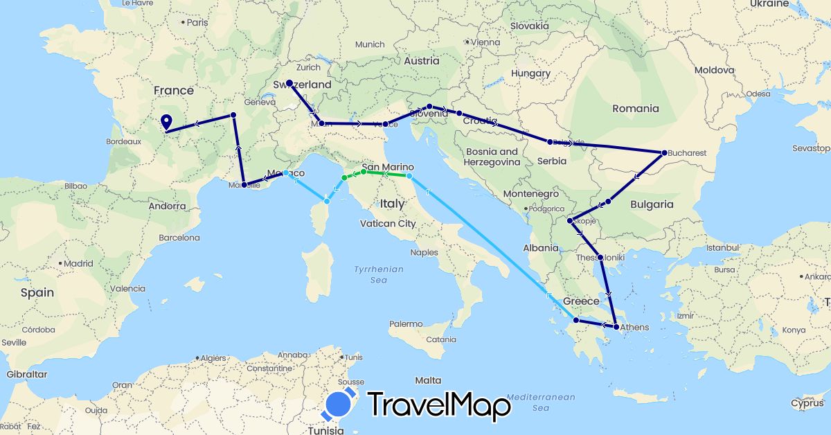 TravelMap itinerary: driving, bus, boat in Bulgaria, Switzerland, France, Greece, Croatia, Italy, Monaco, Macedonia, Romania, Serbia, Slovenia (Europe)