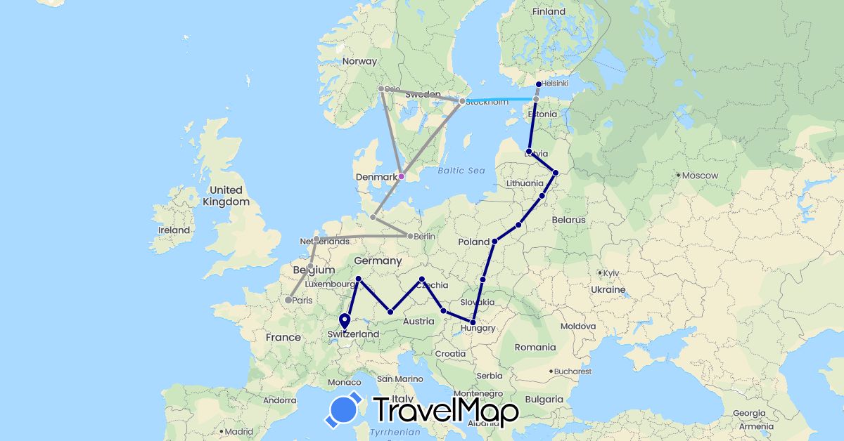 TravelMap itinerary: driving, plane, train, boat in Austria, Belgium, Switzerland, Czech Republic, Germany, Denmark, Estonia, Finland, France, Hungary, Lithuania, Latvia, Netherlands, Norway, Poland, Sweden (Europe)