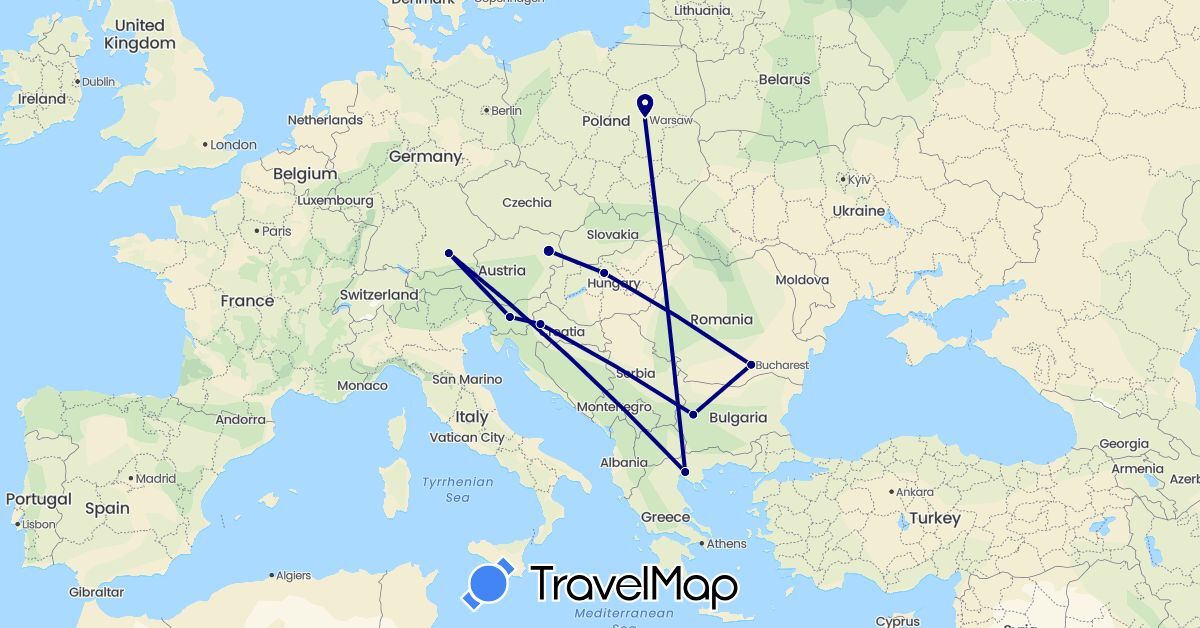TravelMap itinerary: driving in Austria, Bulgaria, Germany, Greece, Croatia, Hungary, Poland, Romania, Slovenia (Europe)