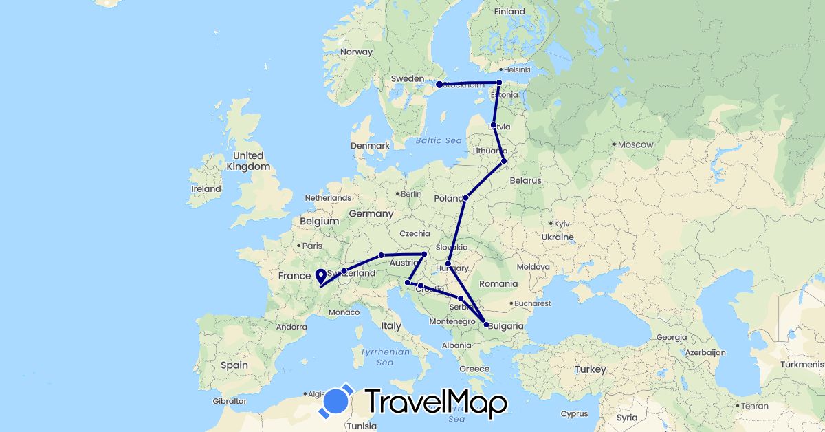 TravelMap itinerary: driving in Austria, Bulgaria, Switzerland, Germany, Estonia, France, Croatia, Hungary, Lithuania, Latvia, Poland, Serbia, Sweden, Slovenia (Europe)