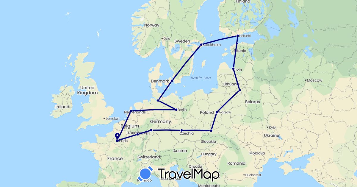 TravelMap itinerary: driving in Czech Republic, Germany, Denmark, Estonia, Finland, France, Lithuania, Luxembourg, Latvia, Netherlands, Poland, Sweden (Europe)