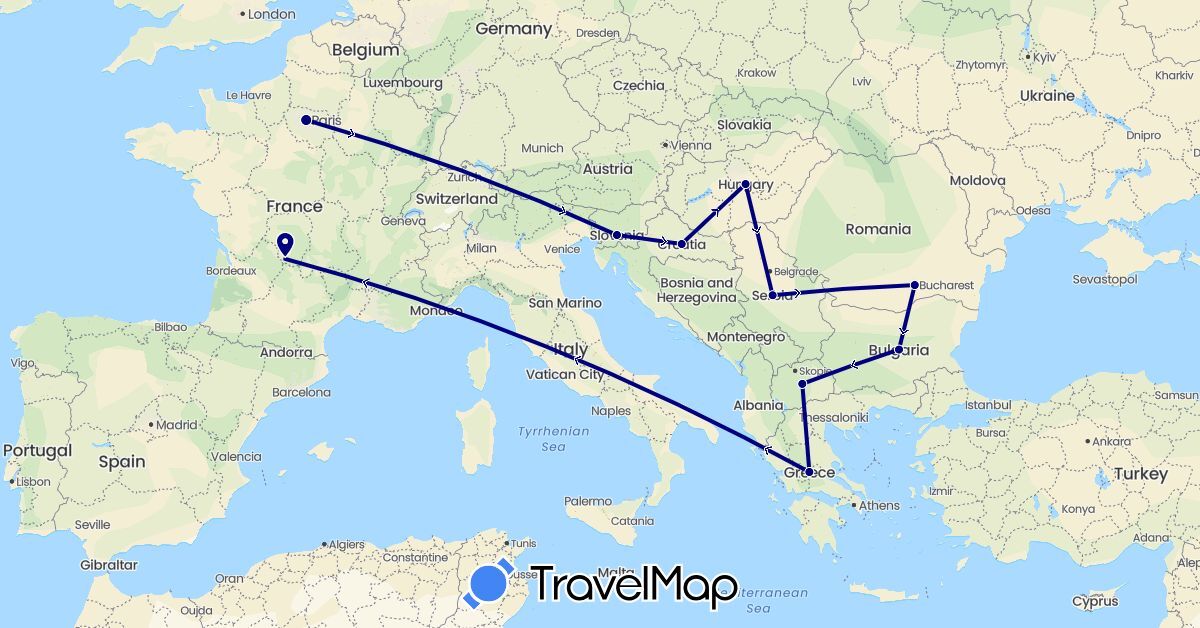 TravelMap itinerary: driving in Bulgaria, France, Greece, Croatia, Hungary, Macedonia, Romania, Serbia, Slovenia (Europe)
