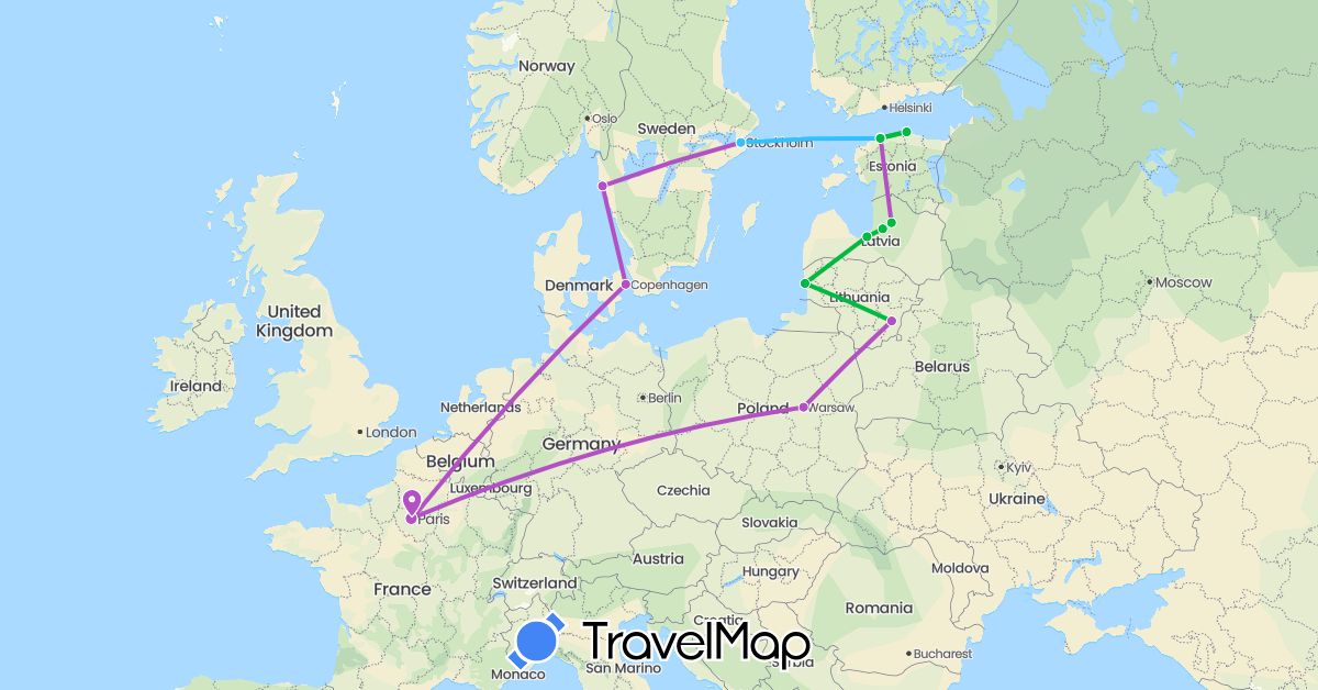 TravelMap itinerary: driving, bus, train, boat in Denmark, Estonia, France, Lithuania, Latvia, Poland, Sweden (Europe)